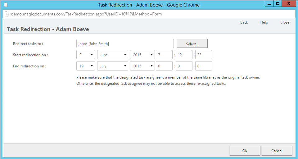 redirecting tasks to another user